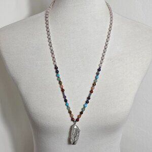 Tree of Life Beaded Necklace Clear Quartz Stone in Tree of Life Shaped Wire Wrap